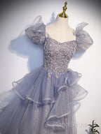 A-Line Gray Sequin Long Formal Prom Dresses, Sequin Tulle Formal Dresses