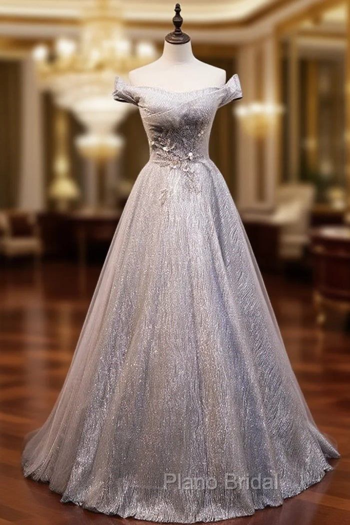 A-Line Gray Sequins Beading Formal Prom Dresses Main image