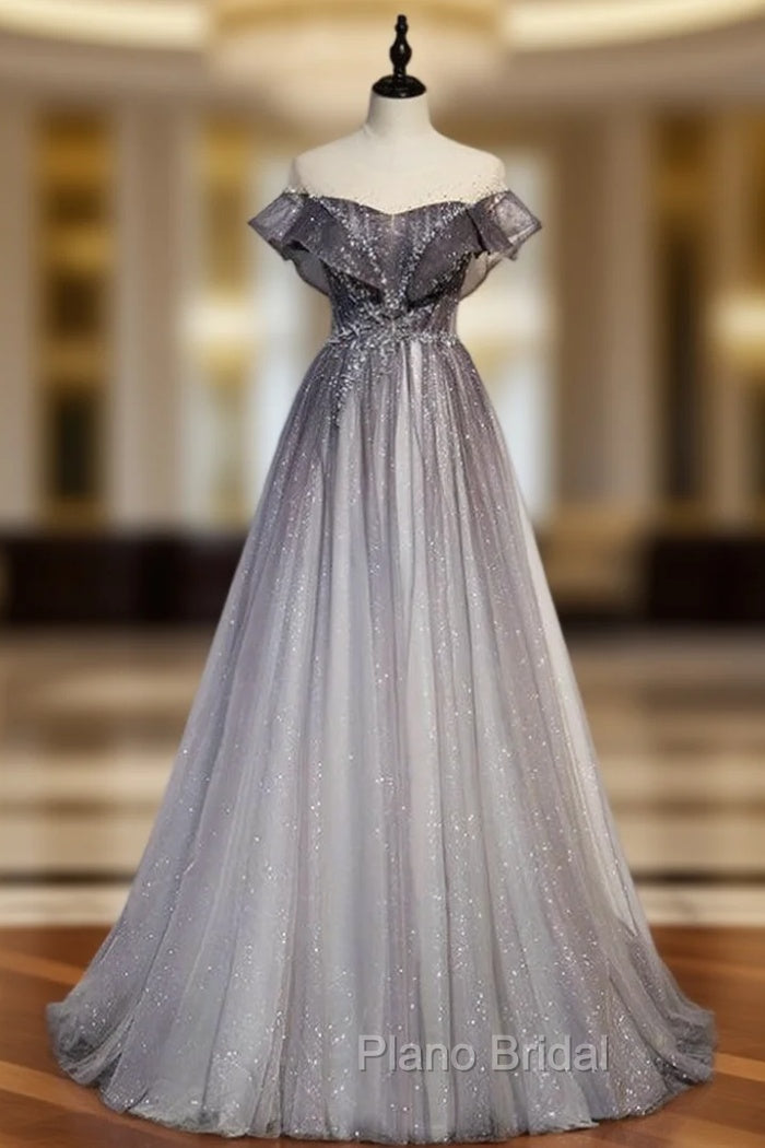A-Line Gray Tulle Beading Cap Sleeve Formal Prom Dresses