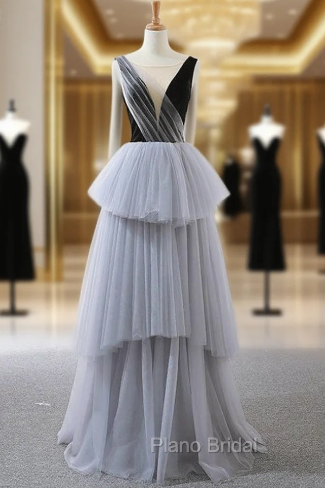 A-Line Gray Tulle Black Velvet Bateau Backless Formal Prom Dresses