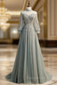 A-Line Gray Tulle Long Sleeve High Neck Backless Beading Formal Prom Dresses