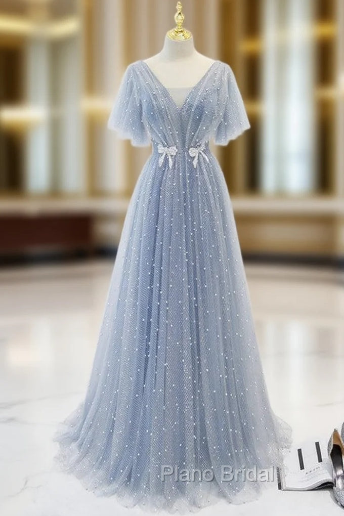 A-Line Gray Tulle Pearls V-neck Formal Prom Dresses