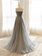 A-Line Gray Tulle Sequin Long Formal Prom Dresses, Gray Long Formal Dresses