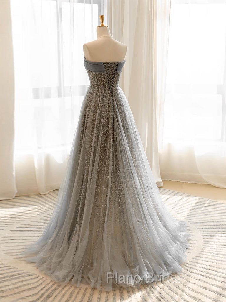 A-Line Gray Tulle Sequin Long Formal Prom Dresses, Gray Long Formal Dresses