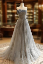 A-Line Gray Tulle Sequin Long Formal Prom Dresses, Gray Long Formal Dresses