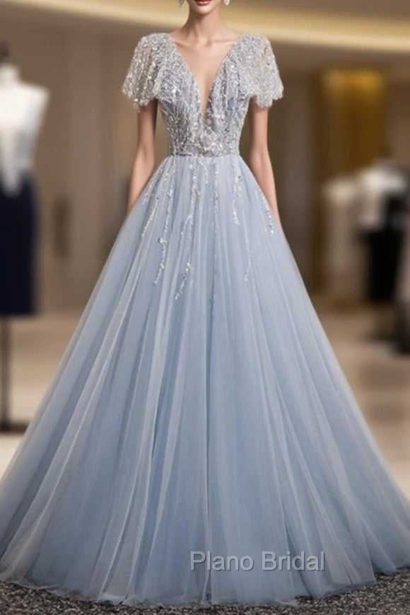 A-Line Gray Tulle Sequins Formal Prom Dresses