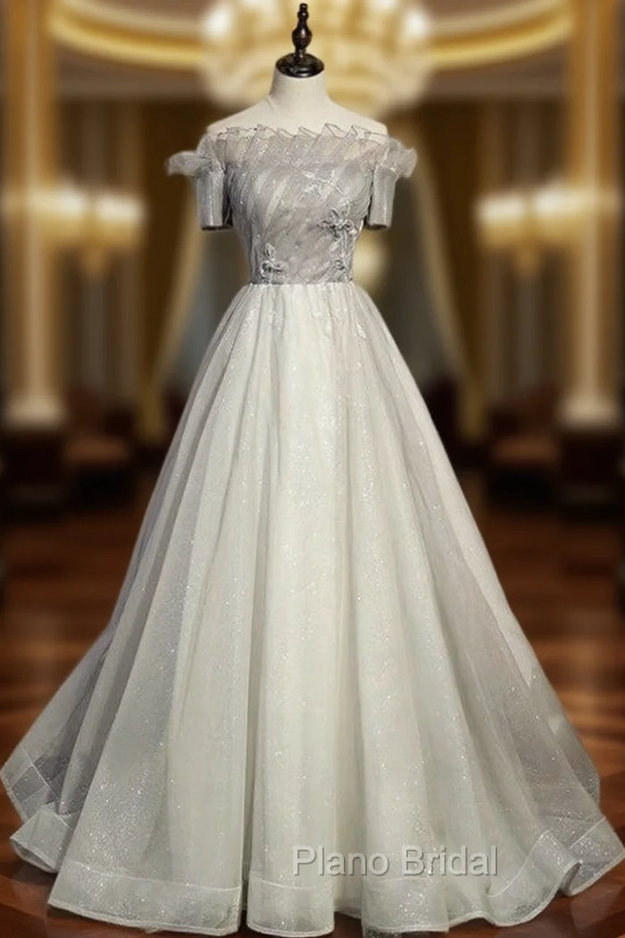 A-Line Gray Tulle Short Sleeve Beading Formal Prom Dresses