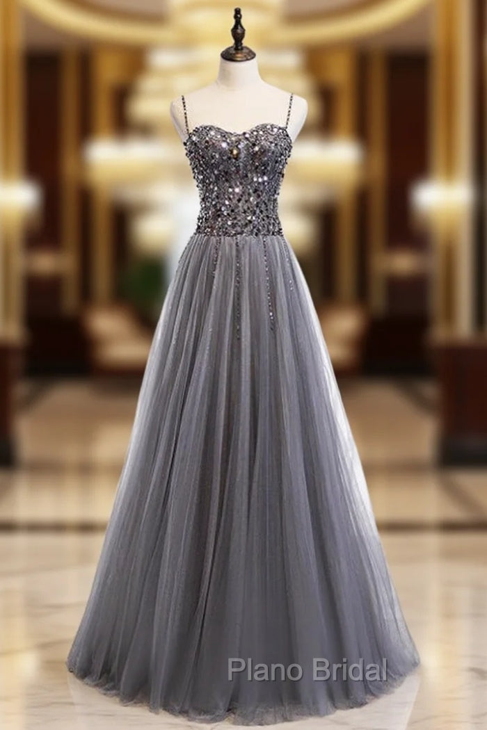 A-Line Gray Tulle Spagehtti Straps Sequins Formal Prom Dresses