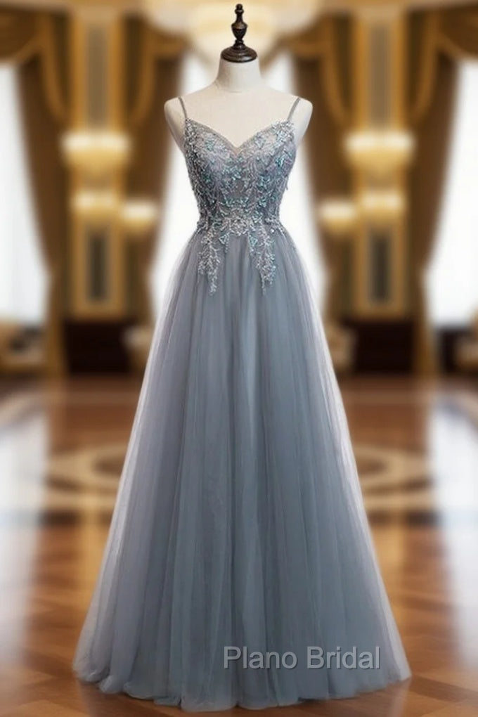 A-Line Gray Tulle Spaghetti Straps Sequins Formal Prom Dresses Main image