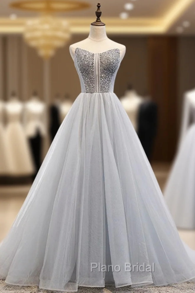 A-Line Gray Tulle Sweetheart Beading Formal Prom Dresses Main image