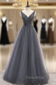 A-Line Gray Tulle V-neck Backless Beading Formal Prom Dresses