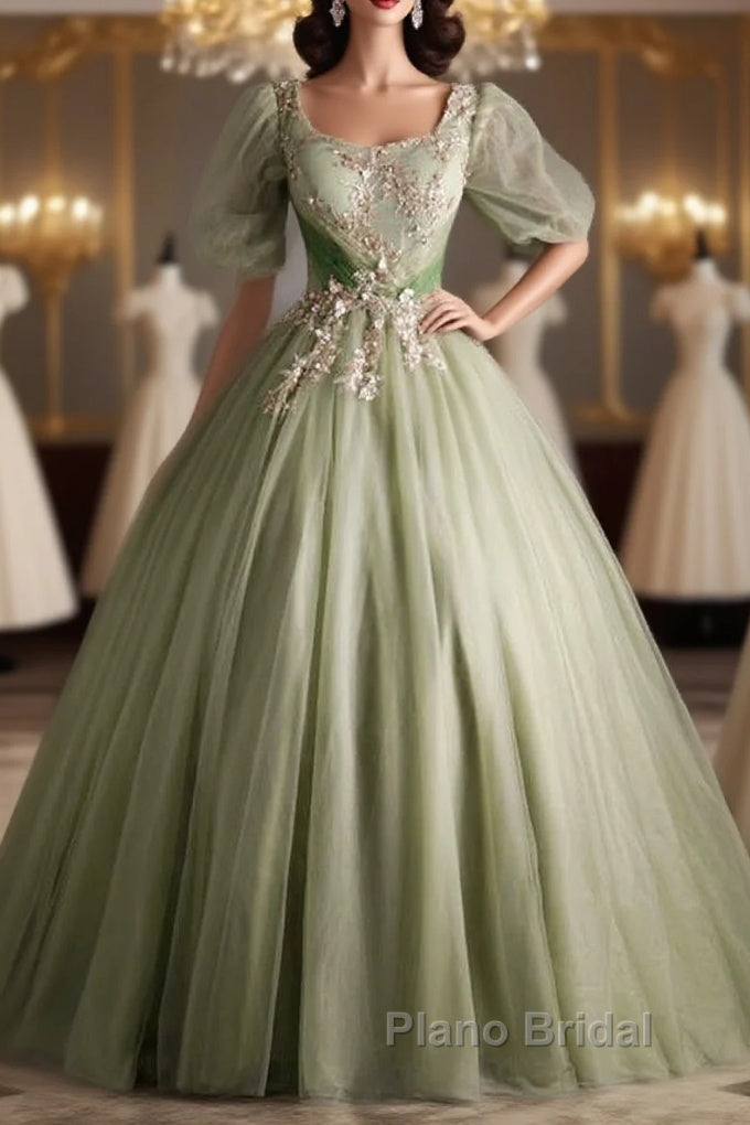 A Line Green Applique Formal Prom Dresses Sweet Tulle Birthday Party Dresses Main image