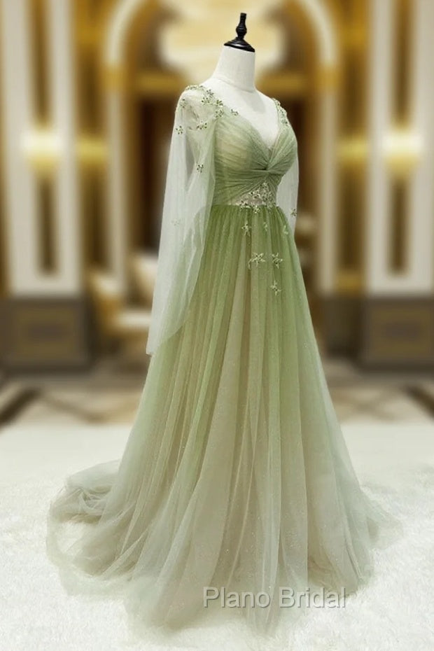 A-line Green Gradient Puffy Sleeves Tulle Long Party Dresses, Green Long Formal Prom Dresses