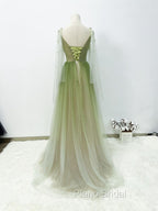 A-line Green Gradient Puffy Sleeves Tulle Long Party Dresses, Green Long Formal Prom Dresses