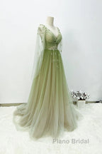 A-Line Green Gradient Tulle Long Sleeves Party Dresses, V-Neckline Green Formal Dresses Formal Prom Dresses