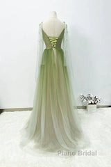 A-Line Green Gradient Tulle Long Sleeves Party Dresses, V-Neckline Green Formal Dresses Formal Prom Dresses