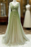 A-Line Green Gradient Tulle Long Sleeves Party Dresses, V-Neckline Green Formal Dresses Formal Prom Dresses