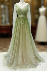 A-Line Green Gradient Tulle Long Sleeves Party Dresses, V-Neckline Green Formal Dresses Formal Prom Dresses