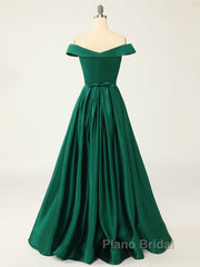 A-Line Green Off Shoulder Long Formal Prom Dresses, Green Formal Evening Dresses