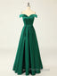A-Line Green Off Shoulder Long Formal Prom Dresses, Green Formal Evening Dresses