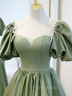 A-Line Green Puffy Sleeve Satin Short Formal Prom Dresses, Green Short Formal Dresses