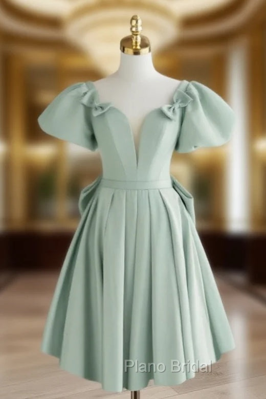 A-Line Green Puffy Sleeve Short Formal Prom Dresses, Green Formal Dresses Main image