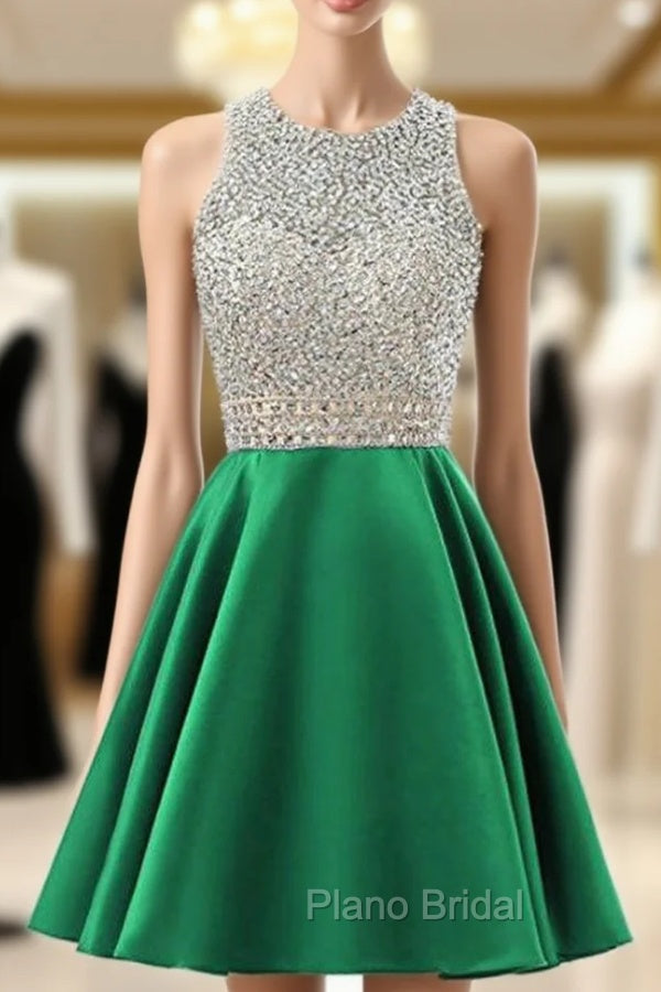 A-Line Green Satin Backless Beading Sequins Homecoming Dresses Main image