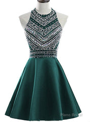 A-Line Green Satin Crystal Short Homecoming Dress