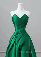 A-line Green Satin Lace-up Floor Length Party Dresses, Green Satin Formal Prom Dresses