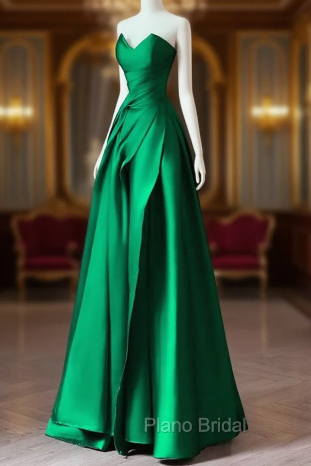 A-line Green Satin Lace-up Floor Length Party Dresses, Green Satin Formal Prom Dresses