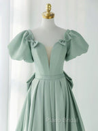 A-Line Green Satin Long Formal Prom Dresses, Green Long Evening Dresses