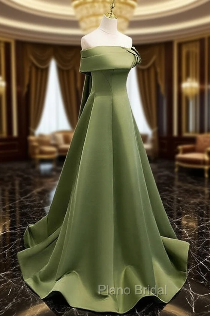 A-line Green Satin Off Shoulder Long Evening Dresses, Green Floor Length Formal Prom Dresses Main image
