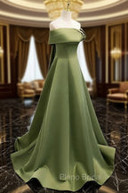 A-line Green Satin Off Shoulder Long Evening Dresses, Green Floor Length Formal Prom Dresses
