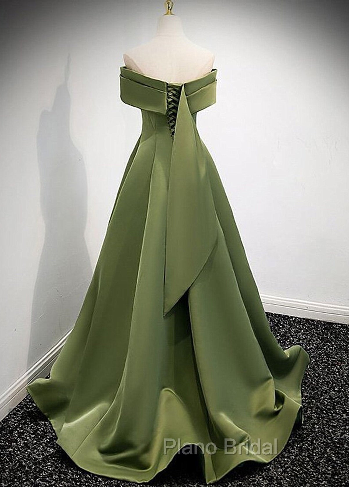 A-line Green Satin Off Shoulder Long Evening Dresses, Green Floor Length Formal Prom Dresses