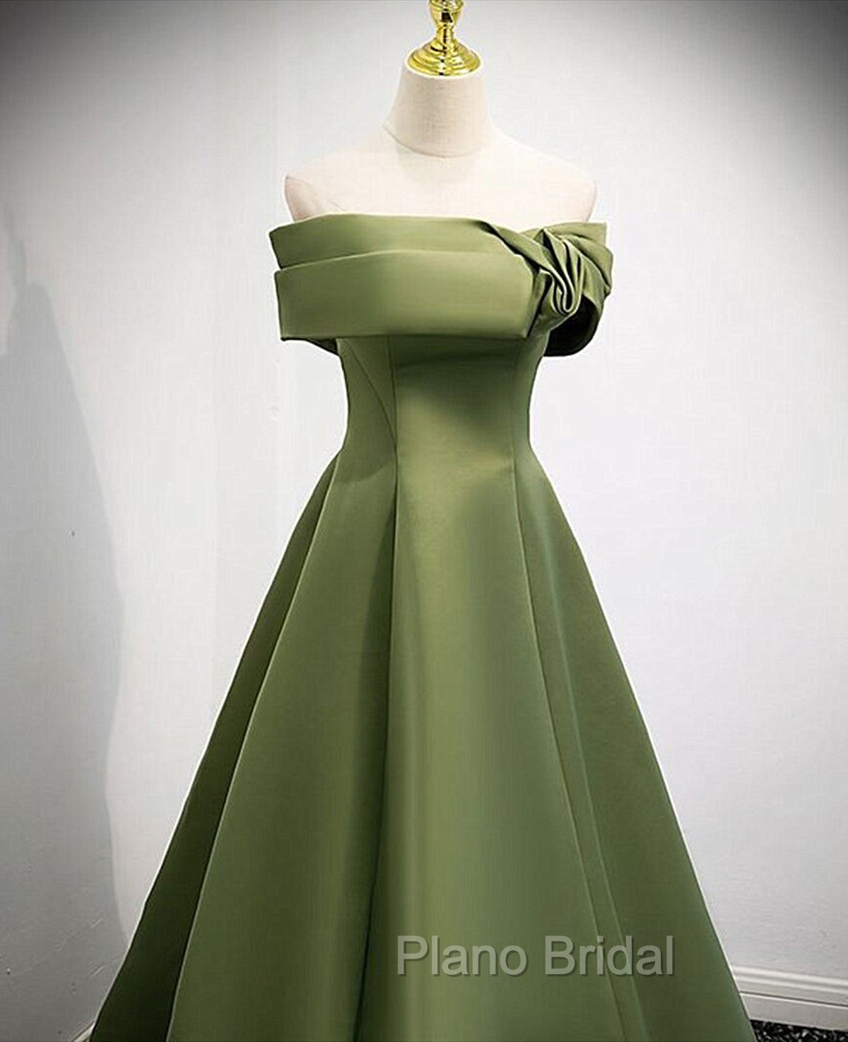 A-line Green Satin Off Shoulder Long Evening Dresses, Green Floor Length Formal Prom Dresses