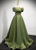 A-line Green Satin Off Shoulder Long Evening Dresses, Green Floor Length Formal Prom Dresses