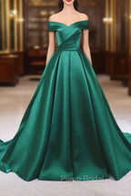 A-line Green Satin Sweetheart Formal Dresses, Green Long Evening Dresses Formal Prom Dresses