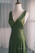 A-Line Green Satin V-Neckline Low Back Formal Prom Dresses, Green Evening Dresses
