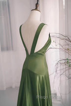 A-Line Green Satin V-Neckline Low Back Formal Prom Dresses, Green Evening Dresses