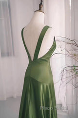 A-Line Green Satin V-Neckline Low Back Formal Prom Dresses, Green Evening Dresses