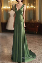 A-Line Green Satin V-Neckline Low Back Formal Prom Dresses, Green Evening Dresses