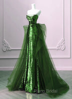 A-Line Green Sequins And Tulle Long Party Dresses, Green Evening Dresses Formal Dresses