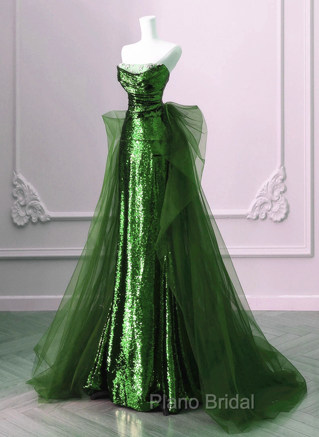 A-Line Green Sequins And Tulle Long Party Dresses, Green Evening Dresses Formal Dresses