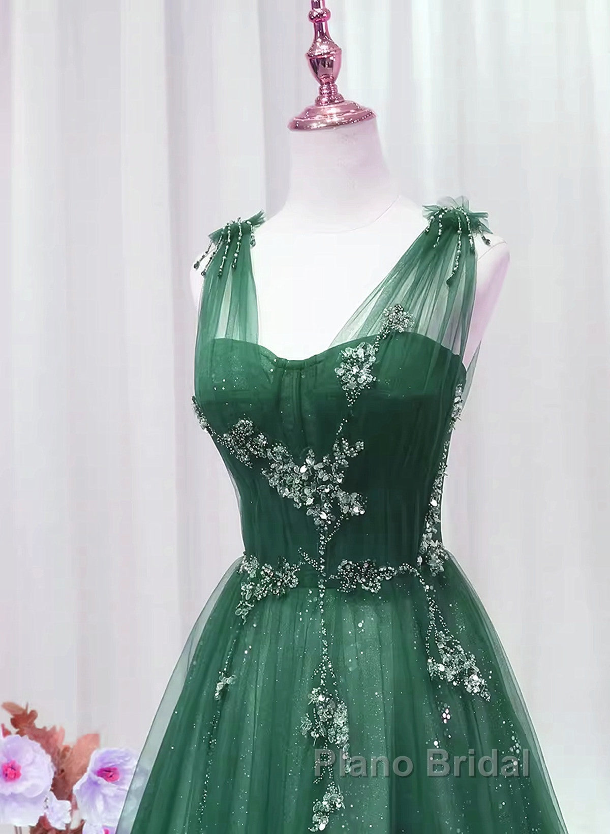 A-Line Green Sweetheart Beaded Tulle Formal Prom Dresses, Green Tulle Long Evening Dresses Secondary image