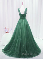 A-Line Green Sweetheart Beaded Tulle Formal Prom Dresses, Green Tulle Long Evening Dresses