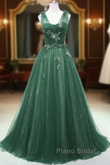 A-Line Green Sweetheart Beaded Tulle Formal Prom Dresses, Green Tulle Long Evening Dresses