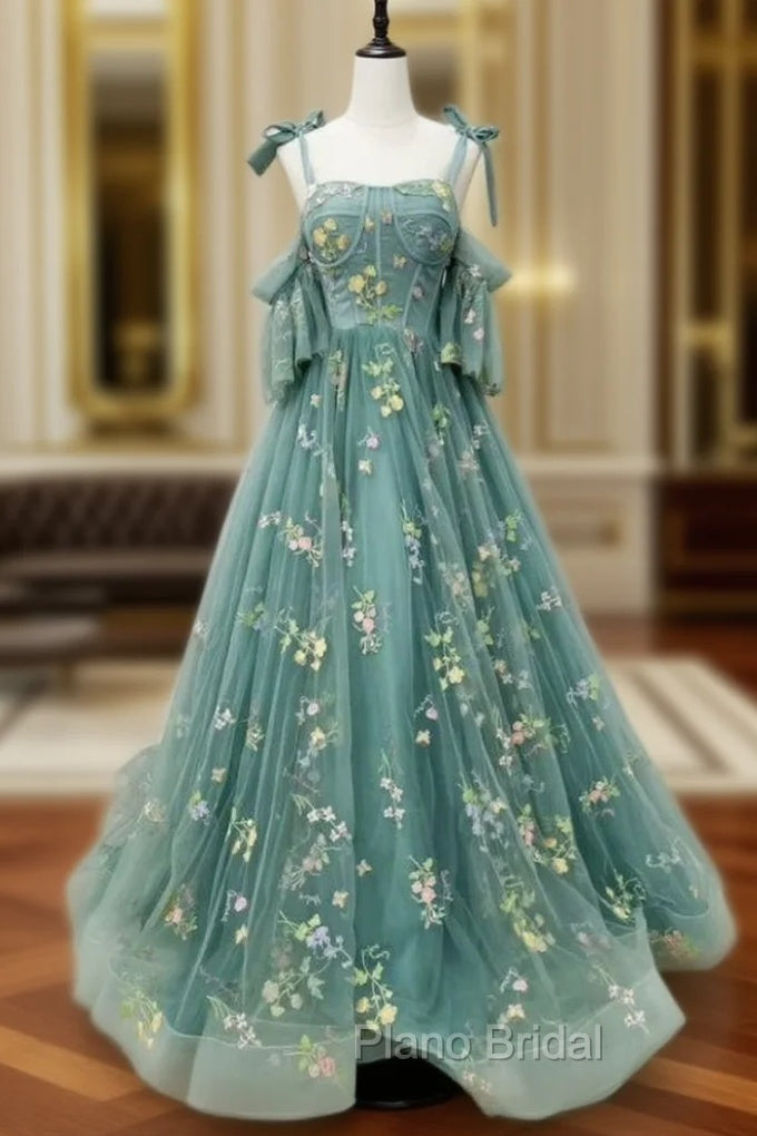 A-Line Green Tulle Embroidery Straps Formal Prom Dresses Main image