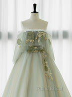 A-Line Green Tulle Lace Long Formal Prom Dresses, Green Tulle Lace Long Formal Dresses