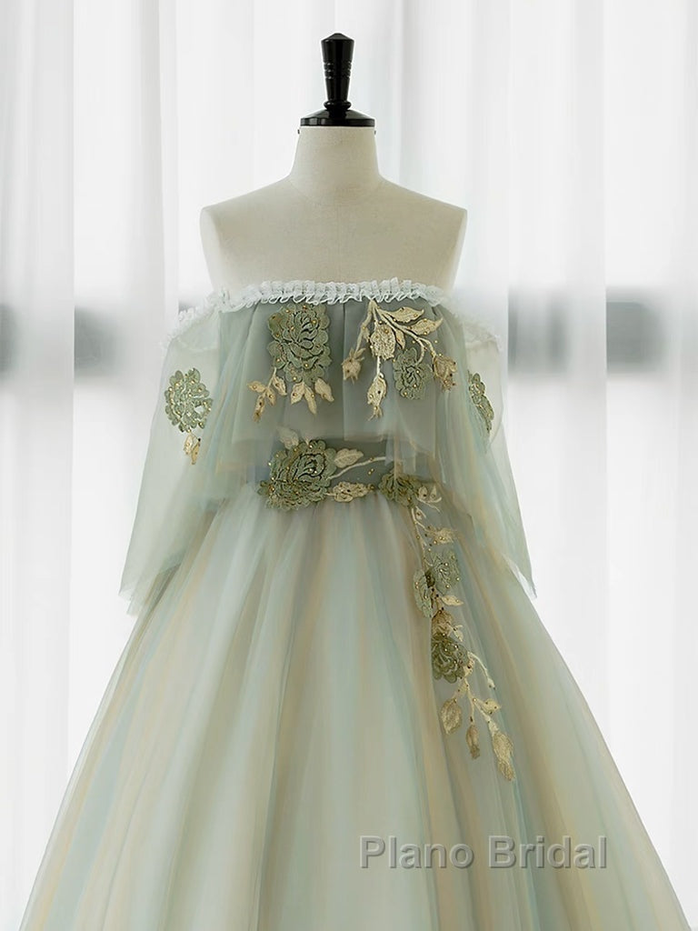 A-Line Green Tulle Lace Long Formal Prom Dresses, Green Tulle Lace Long Formal Dresses