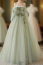 A-Line Green Tulle Lace Long Formal Prom Dresses, Green Tulle Lace Long Formal Dresses